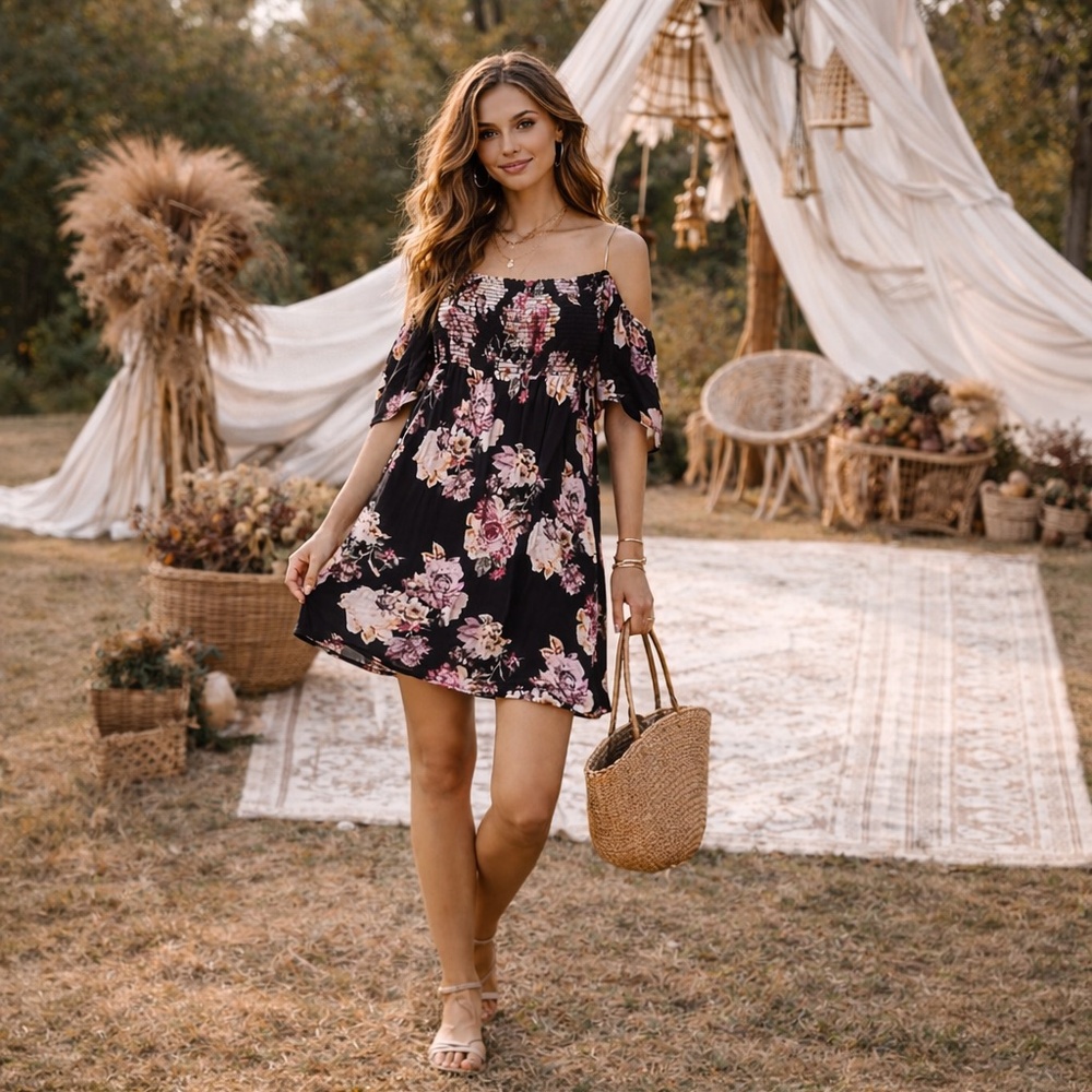Vanilla Bay BOHO Floral Smock Off-Shoulder Mini Sundress (XL)